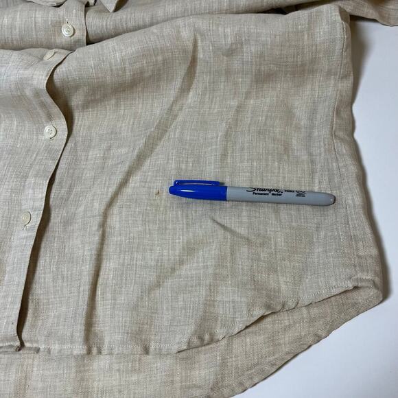 Liz Claiborne 100% Linen Blouse Button Up Top Beige Brown Medium Petite Collared - Picture 7 of 9